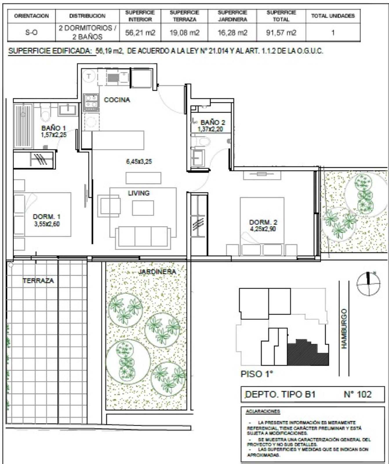 Planta plano del departamento — Departamento 102, Edificio Hamburgo 620