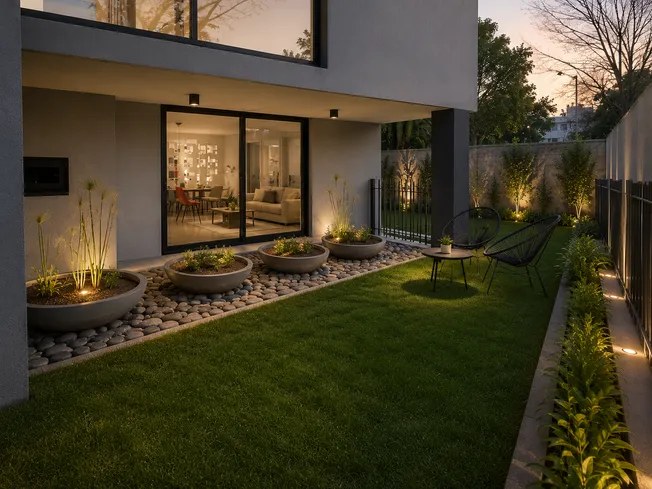 El jardín iluminado de noche, con el living al fondo — Departamento 108, Edificio Hamburgo 620