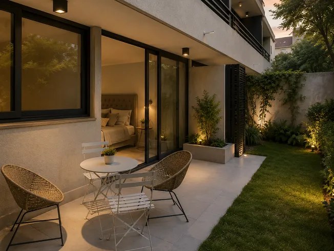 Terraza con mesa y sillas sobre el jardín — Departamento 108, Edificio Hamburgo 620