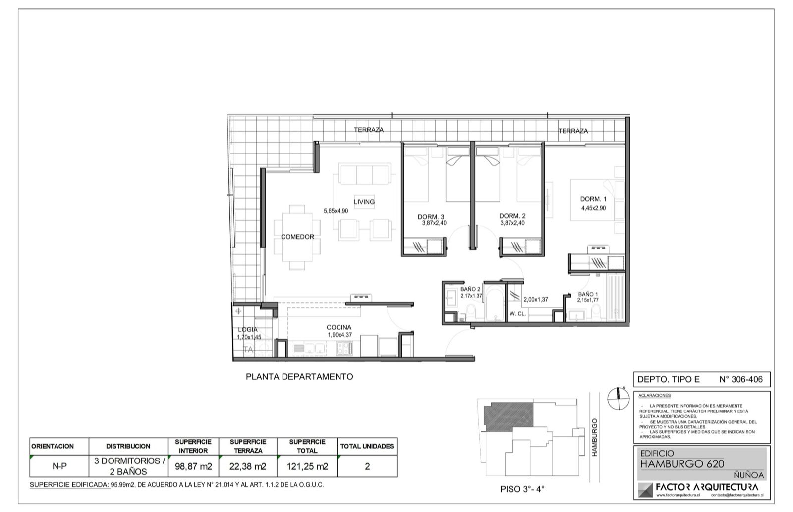 Planta plano del departamento — Departamento 306, Edificio Hamburgo 620