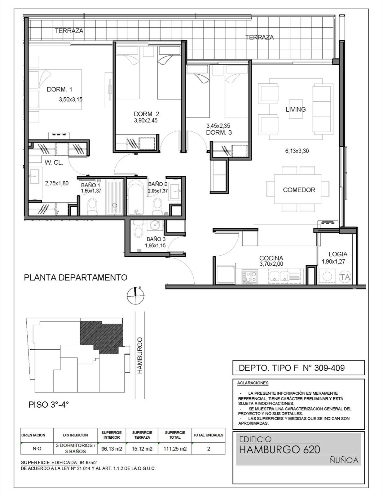 Planta plano del departamento — Departamento 409, Edificio Hamburgo 620